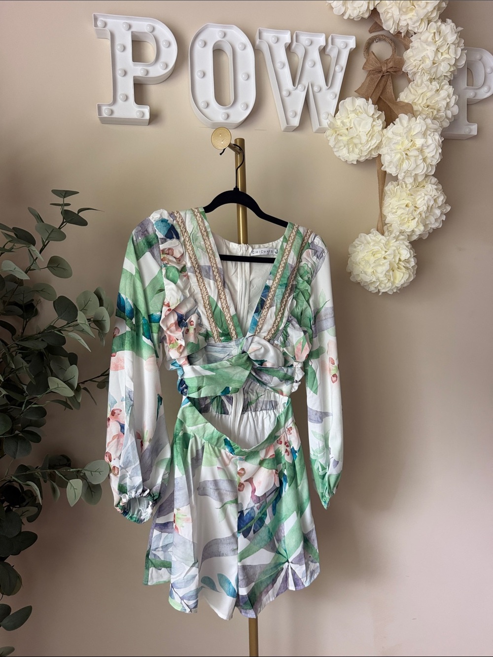 Cutout Mini Dress with Green Floral Stripe Print